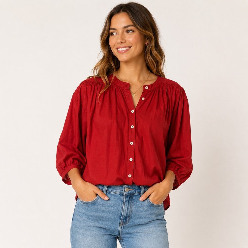 Madewell Balloon Sleeve Button up blouse in red. Women L NWT Cottagecore